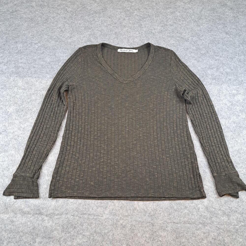 Michael Stars Shirt Womens One Size Green Ribbed V Neck Long Sleeve USA OS
